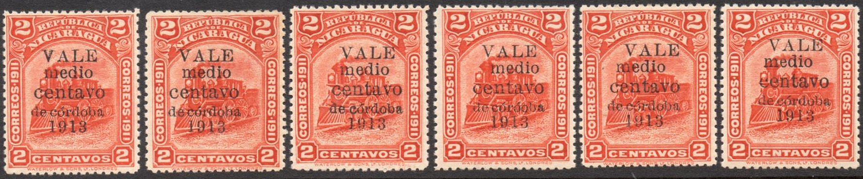 Nicaragua stamps 1913 surcharges Locomotive medio centavo Setting Types A-F